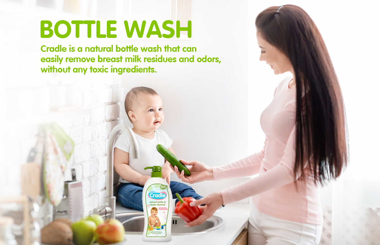 Cradle Natural Bottle Wash & Nipple Cleanser is a 100% natural cleanser that’s certified non-toxic and edible, yet is proven effective in killing 99% of germs!